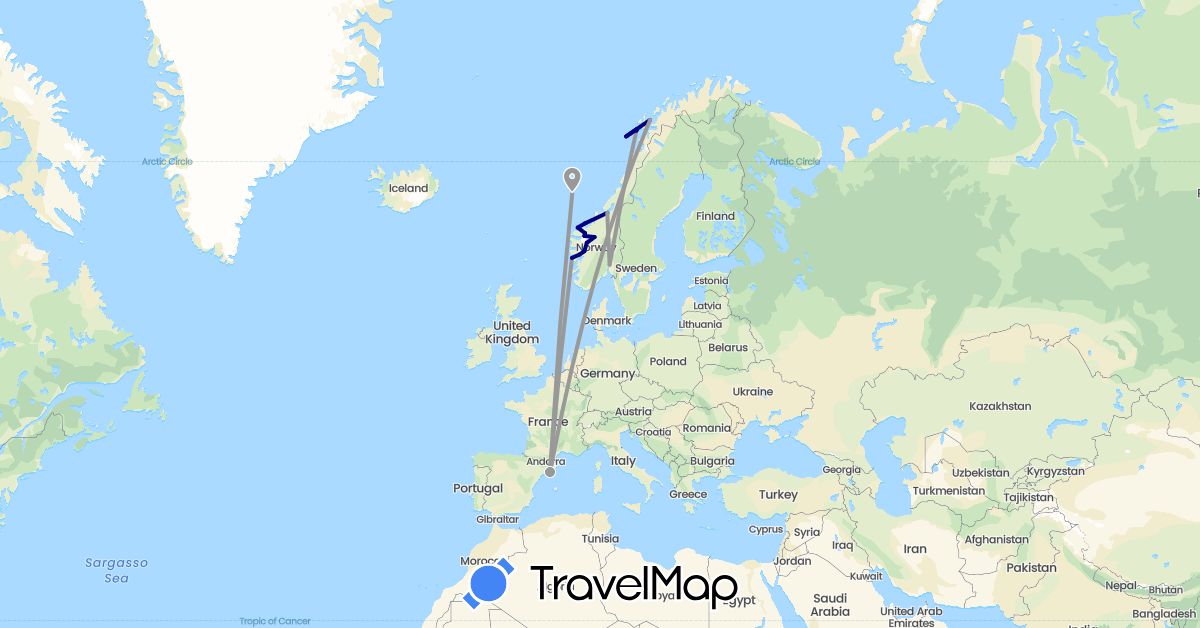 TravelMap itinerary: driving, plane in Spain, Norway (Europe)